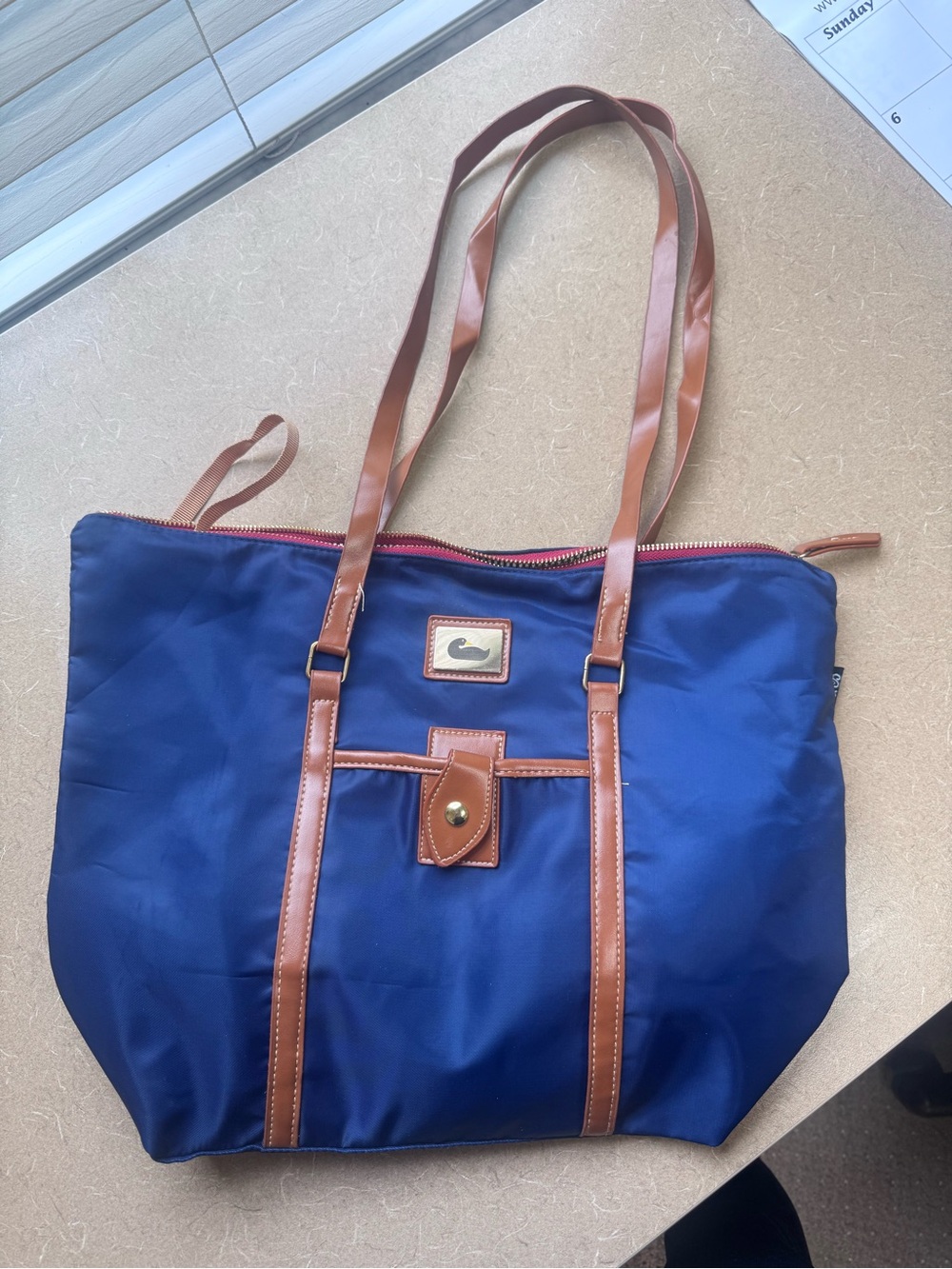 Dooney & Bourke Navy Blue Nylon Tote Bag Tan Leather Trim Shoulder Purse